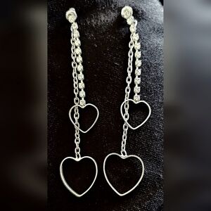 Thru Ear Double Heart dangle earrings with clear Crystals. Perfect Condition.
